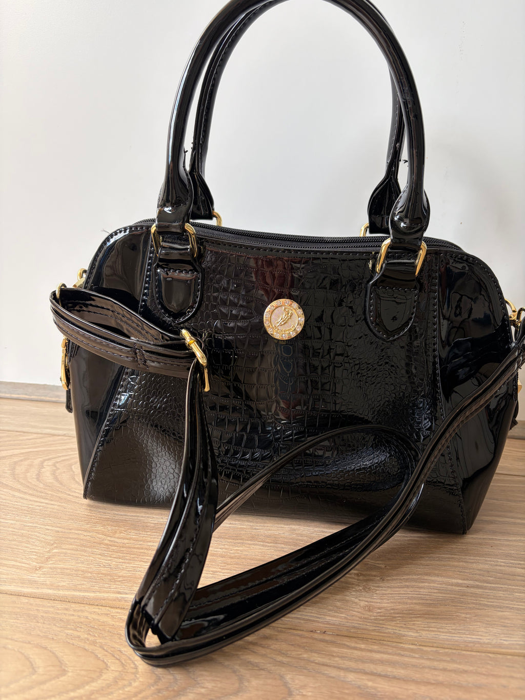 WeiliPolo Women’s Handbag Black Patent Croc Satchel Zip Detachable Strap Gold Vintage Faux Leather