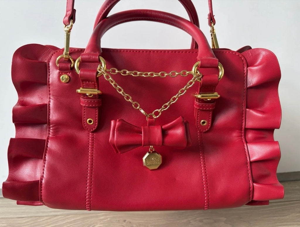 Mishka Badgley Red Leather Ruffle bow Satchel Top handle Zip Strap Vintage