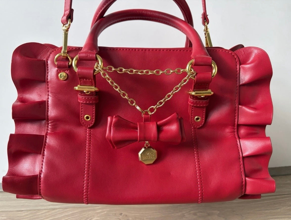 Mishka Badgley Red Leather Ruffle bow Satchel Top handle Zip Strap Vintage