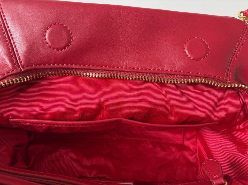 Mishka Badgley Red Leather Ruffle bow Satchel Top handle Zip Strap Vintage