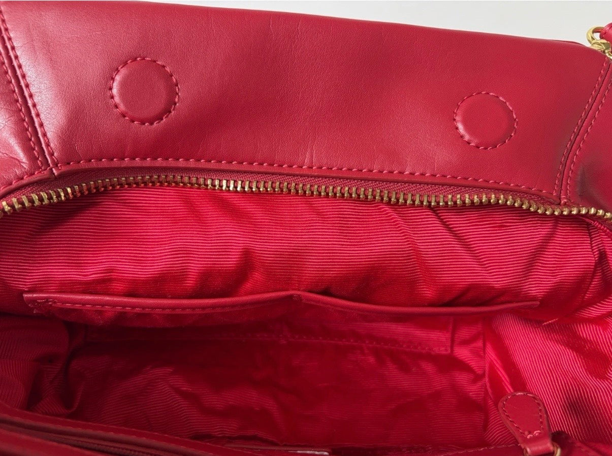 Mishka Badgley Red Leather Ruffle bow Satchel Top handle Zip Strap Vintage