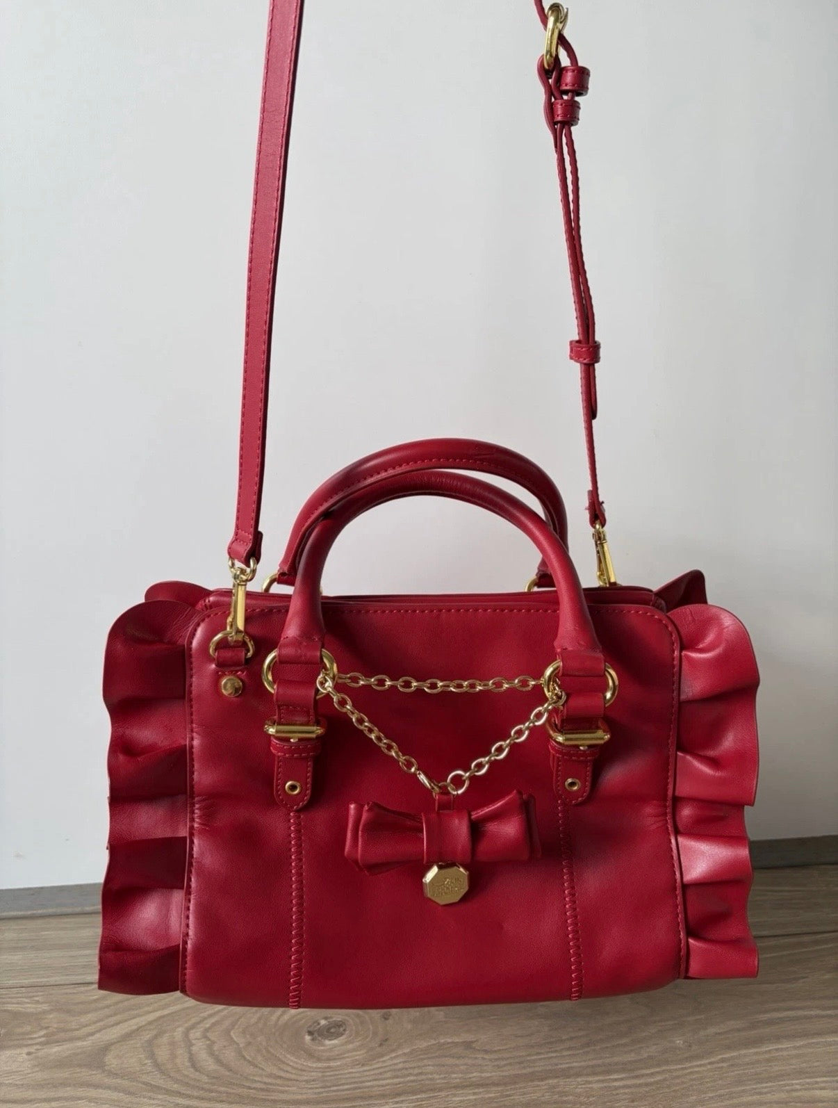 Mishka Badgley Red Leather Ruffle bow Satchel Top handle Zip Strap Vintage