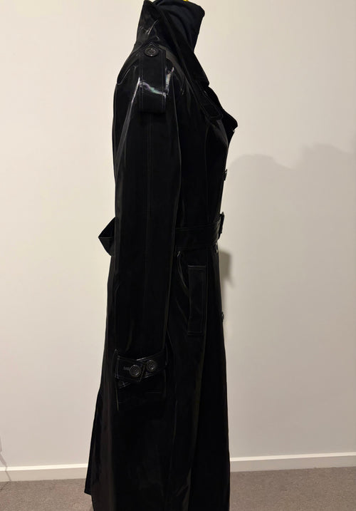 NERAZZURI Faux Leather Patent Long Coat Trench Super Soft Shiny Black M