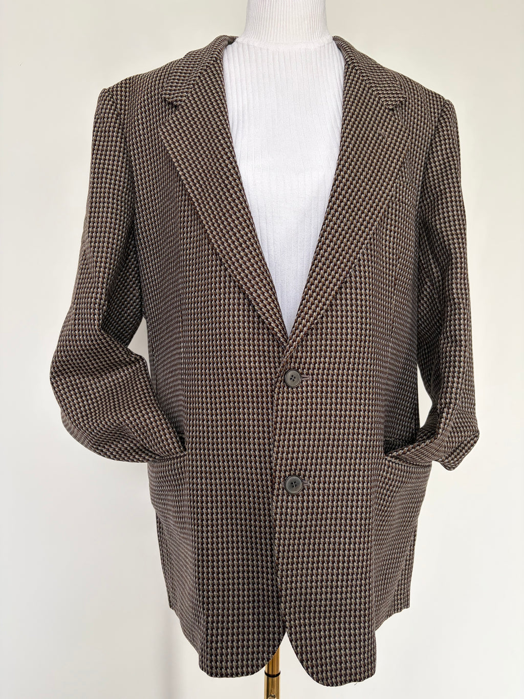 Yves Saint Laurent Brown/White Houndstooth 2-Button Single-Breasted Blazer Vintage