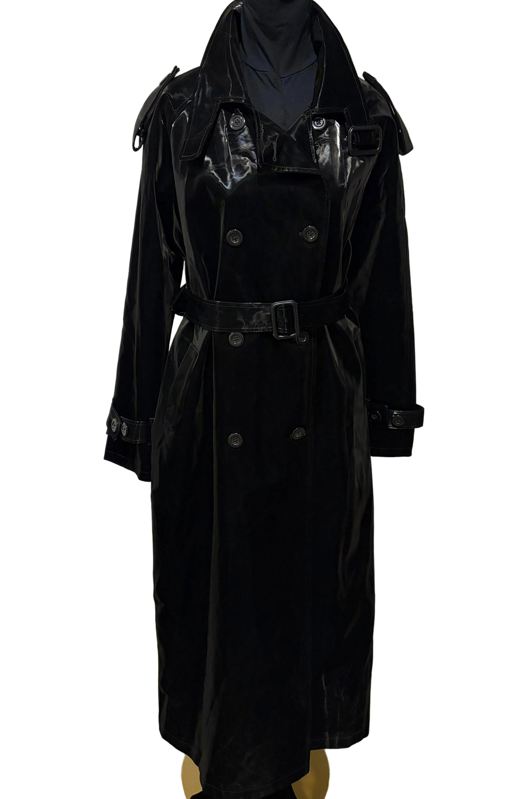 NERAZZURI Faux Leather Patent Long Coat Trench Super Soft Shiny Black M
