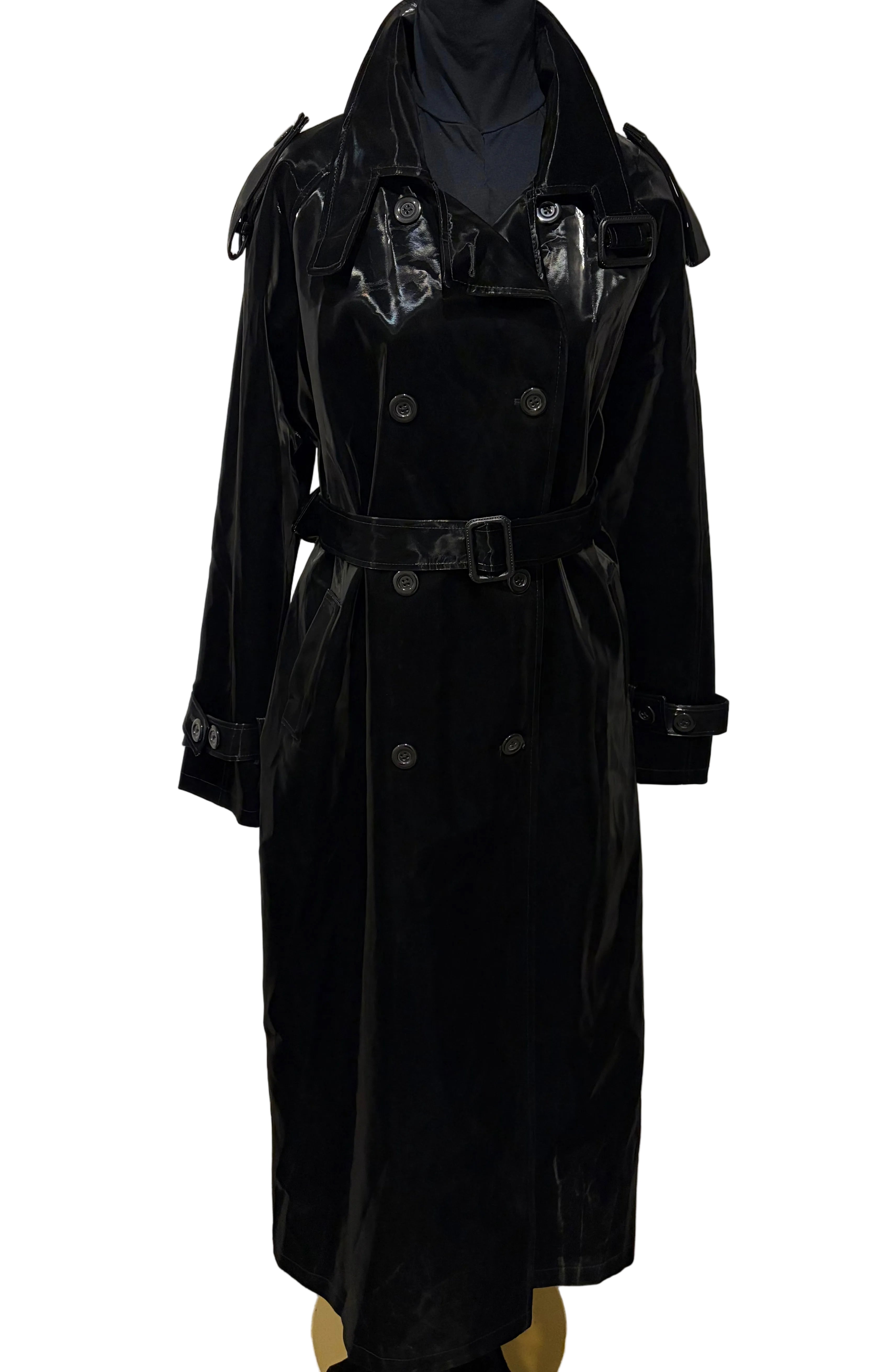 NERAZZURI Faux Leather Patent Long Coat Trench Super Soft Shiny Black M