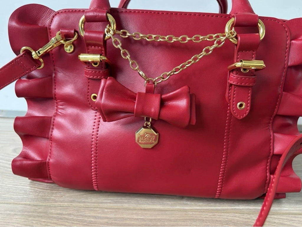 Mishka Badgley Red Leather Ruffle bow Satchel Top handle Zip Strap Vintage
