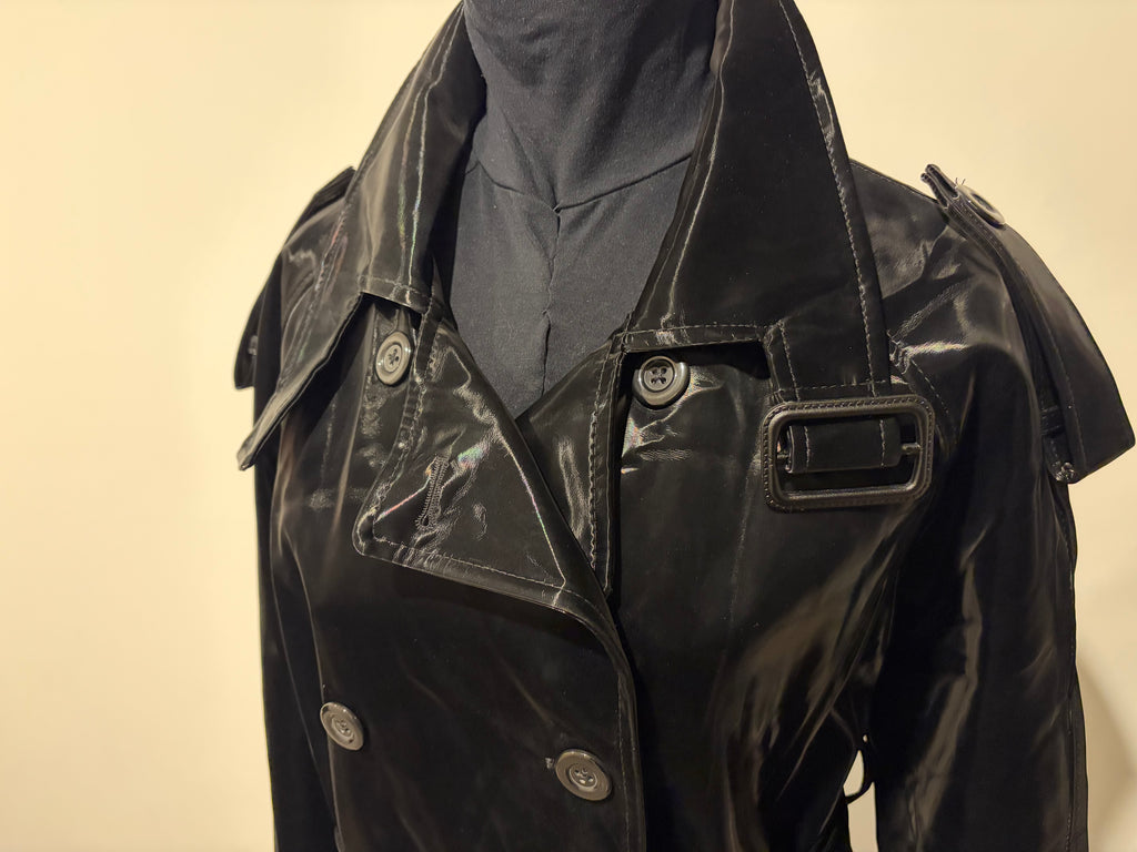 NERAZZURI Faux Leather Patent Long Coat Trench Super Soft Shiny Black M