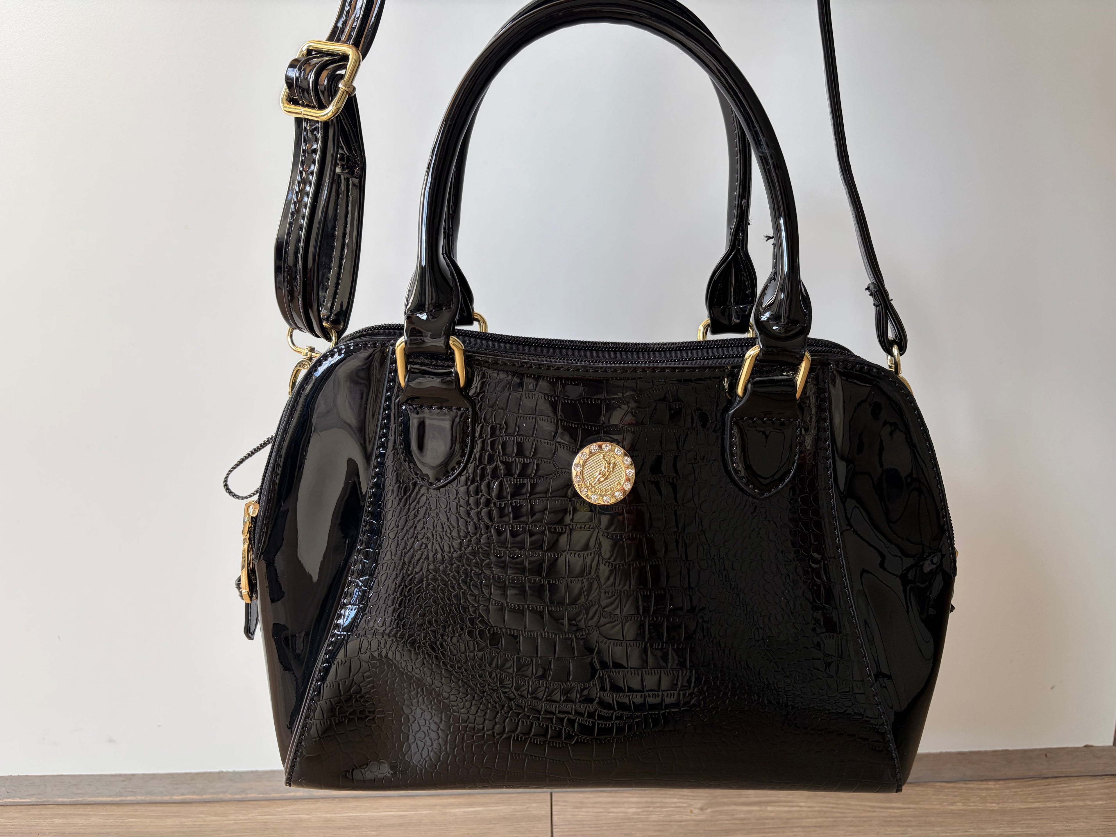 WeiliPolo Women’s Handbag Black Patent Croc Satchel Zip Detachable Strap Gold Vintage Faux Leather