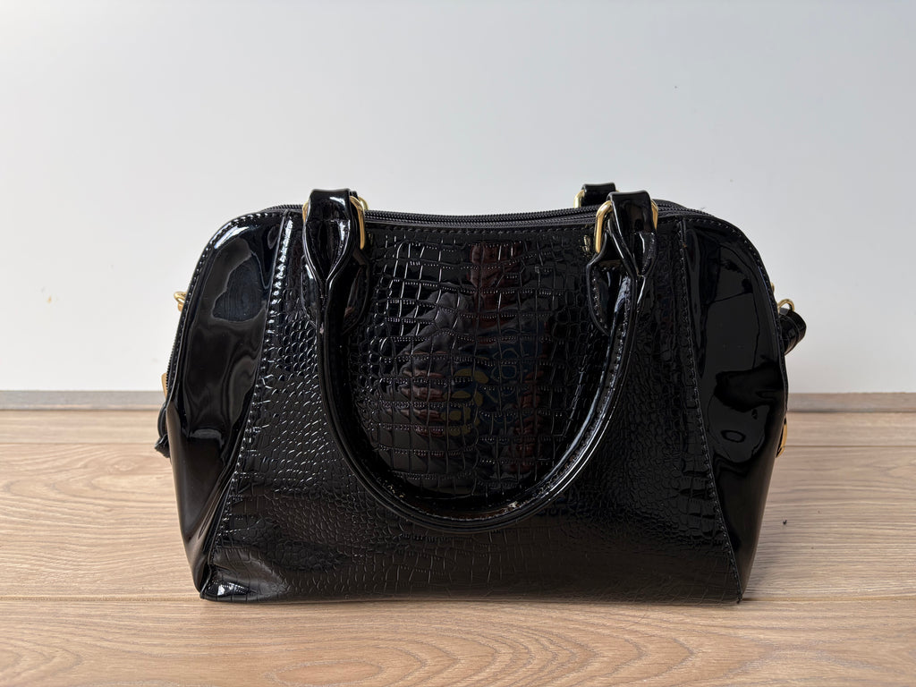 WeiliPolo Women’s Handbag Black Patent Croc Satchel Zip Detachable Strap Gold Vintage Faux Leather