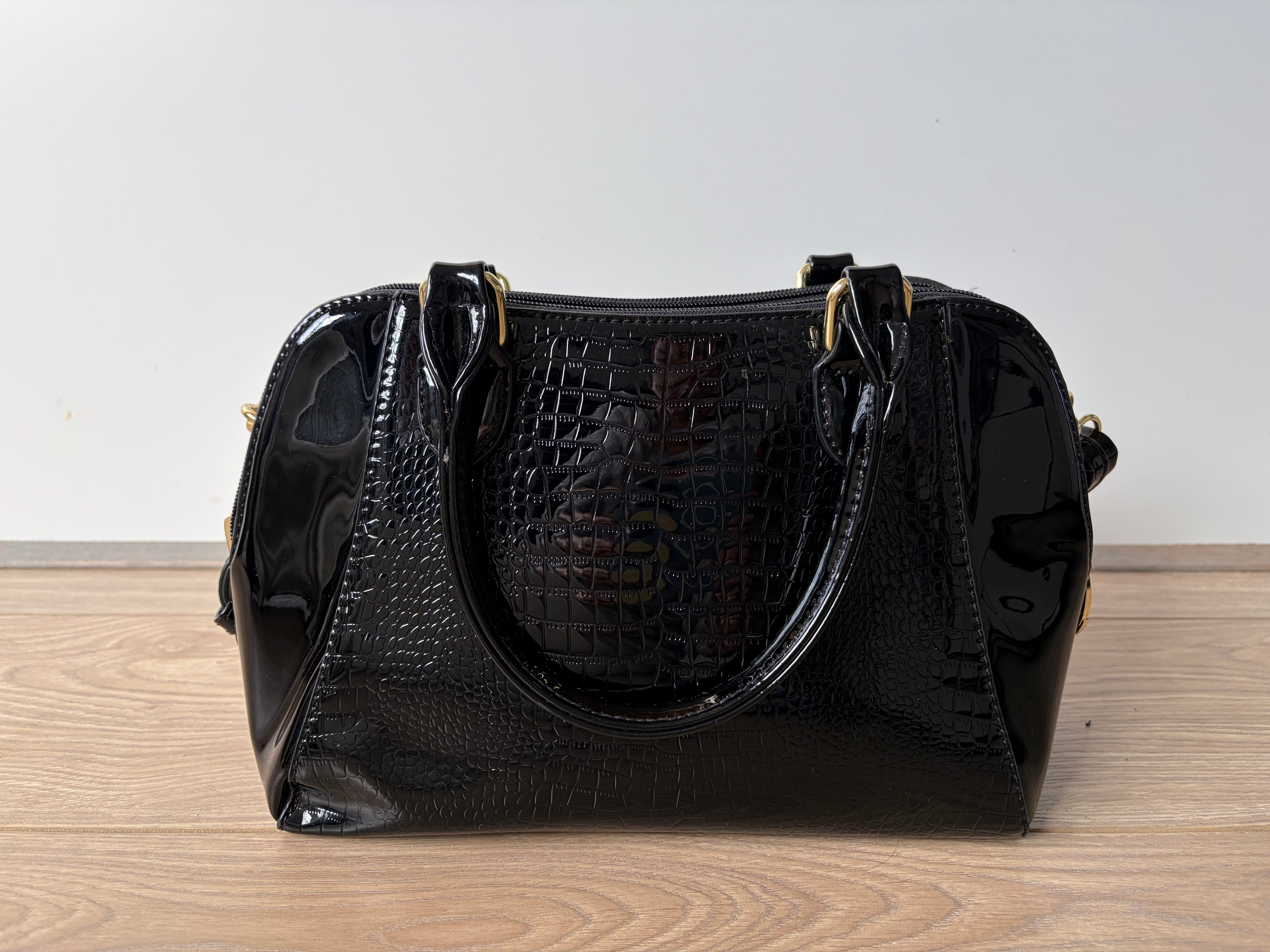 WeiliPolo Women’s Handbag Black Patent Croc Satchel Zip Detachable Strap Gold Vintage Faux Leather