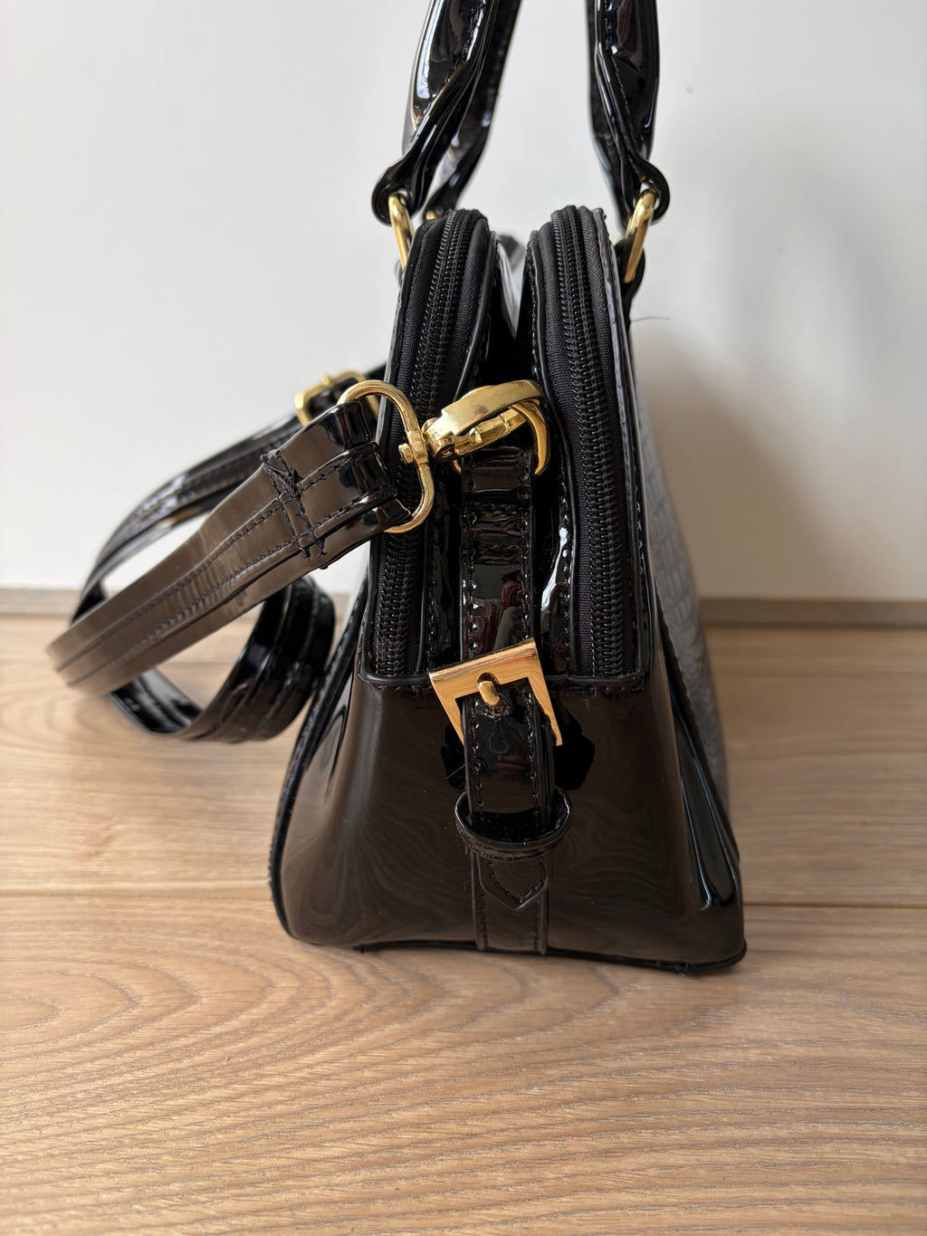 WeiliPolo Women’s Handbag Black Patent Croc Satchel Zip Detachable Strap Gold Vintage Faux Leather
