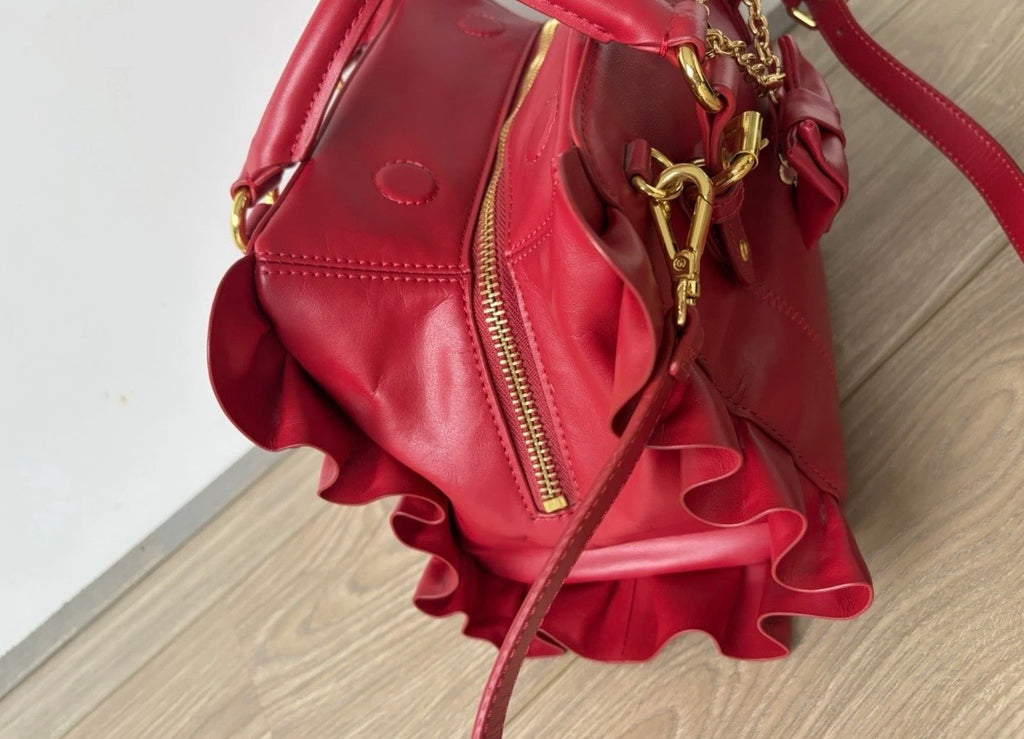 Mishka Badgley Red Leather Ruffle bow Satchel Top handle Zip Strap Vintage